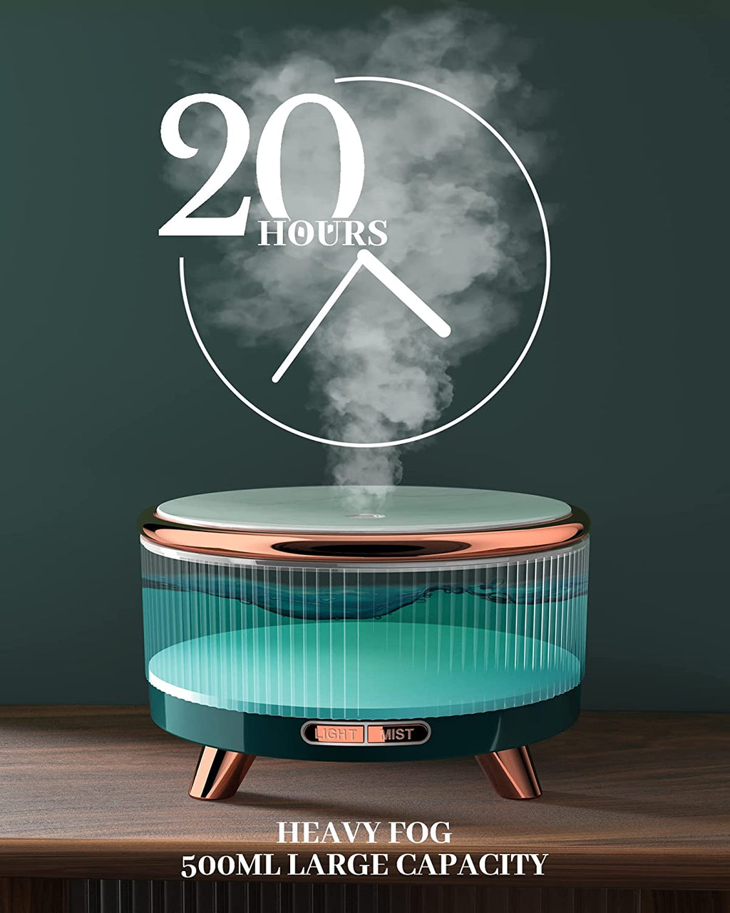 DC-THE CEO specialty wooden LED aromatherapy essential oil diffuser with warm light and natural wood finish, emitting a gentle mist.