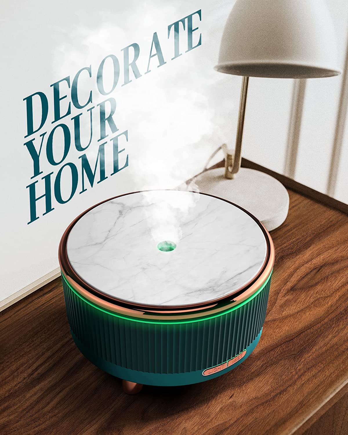 DC-THE CEO wooden LED aromatherapy essential oil diffuser with natural wood finish and ambient light display.