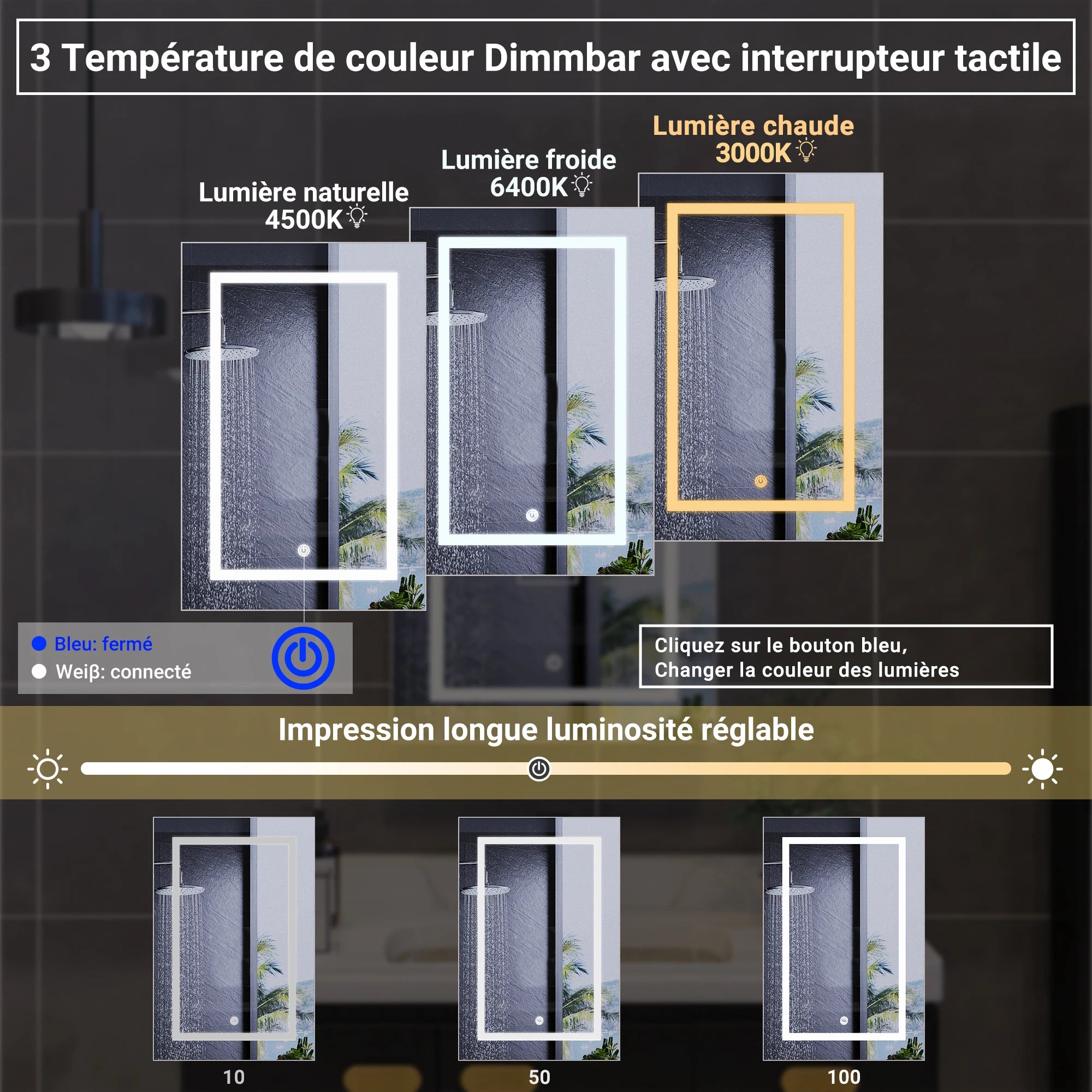 Wall Cabinet bathroom with mirror and led, mirror toilet cabinet with Led lighting 3 colors wall mirror toilet