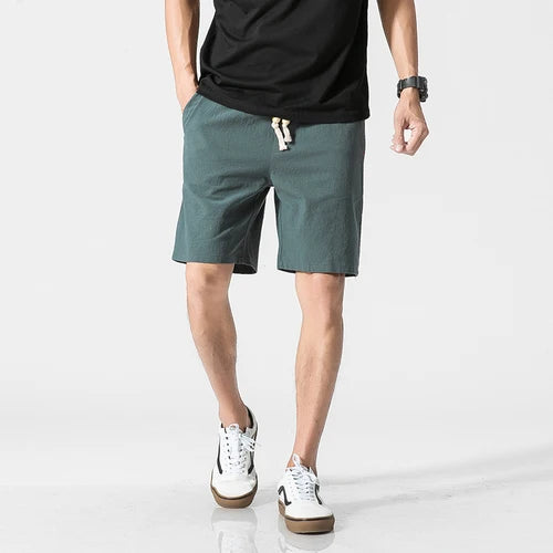 LOY Men's cotton linen casual shorts showing breathable fabric and relaxed fit, ideal for summer wear