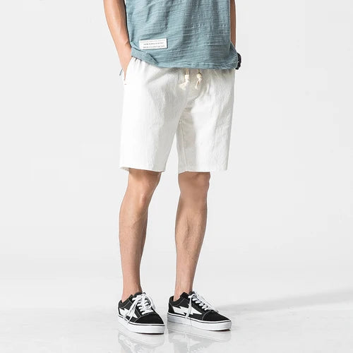 Men's LOY cotton linen casual shorts, breathable summer wear, light and comfortable for warm weather, shown in a relaxed fit.