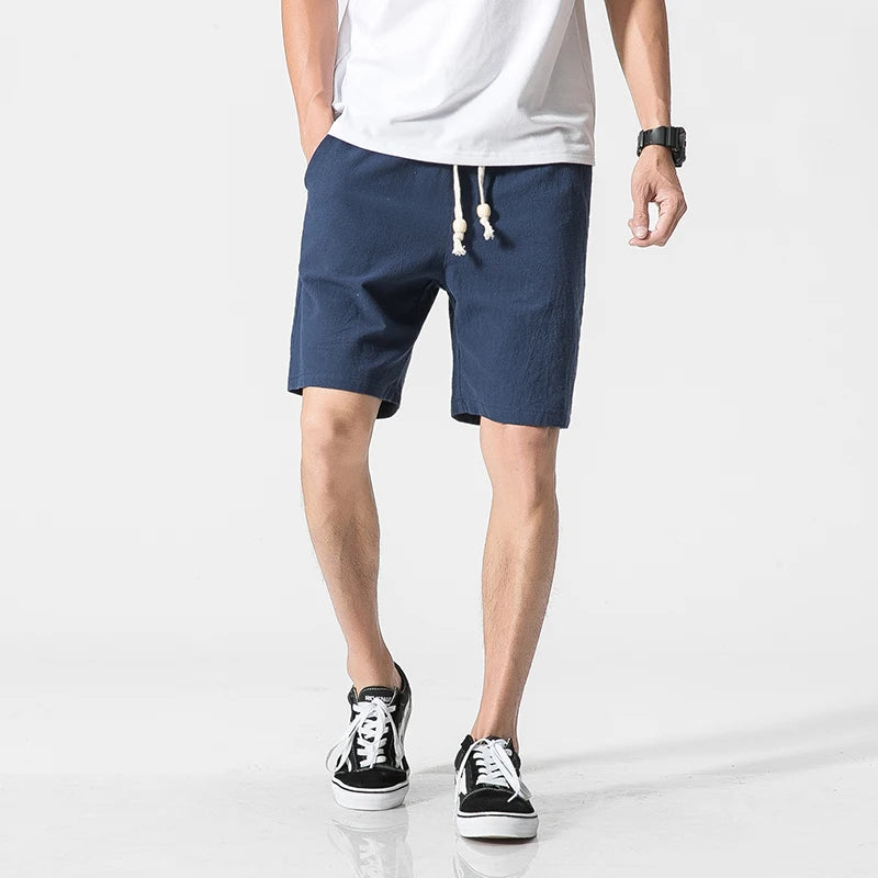 LOY Men's cotton linen casual shorts, breathable summer wear, lightweight and comfortable for everyday outdoor activities.