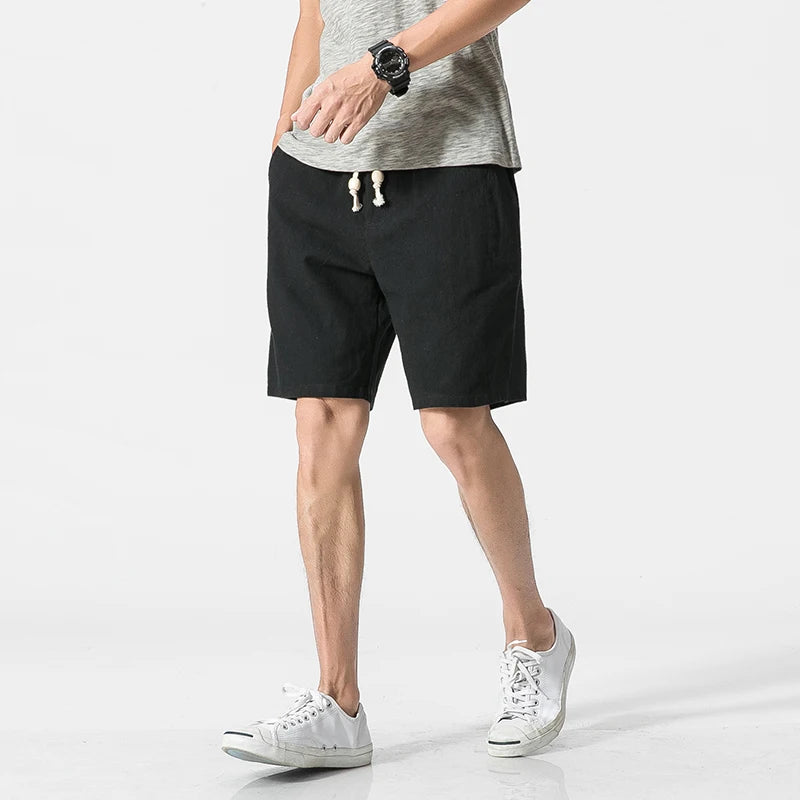 LOY Men's cotton linen casual shorts, breathable summer wear, lightweight and comfortable for warm weather, shown in the image.