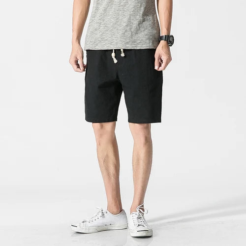 LOY Men's cotton linen casual shorts, breathable summer wear, lightweight and comfortable for warm weather outdoor activities.