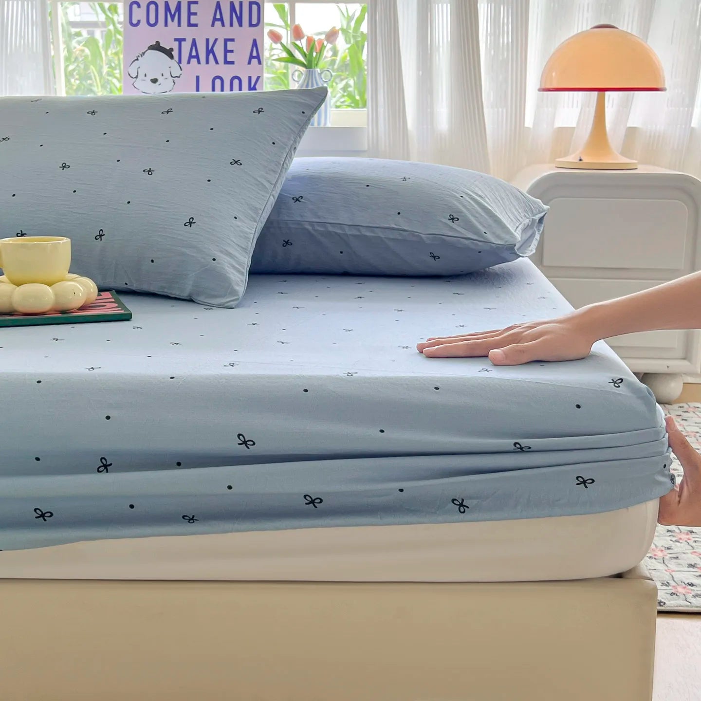 Simple Bow Bed Sheets Set Princess Fitted Sheet Set Non Slip Bedspread With Elastic Band Mattress Cover Double Bed Sheets