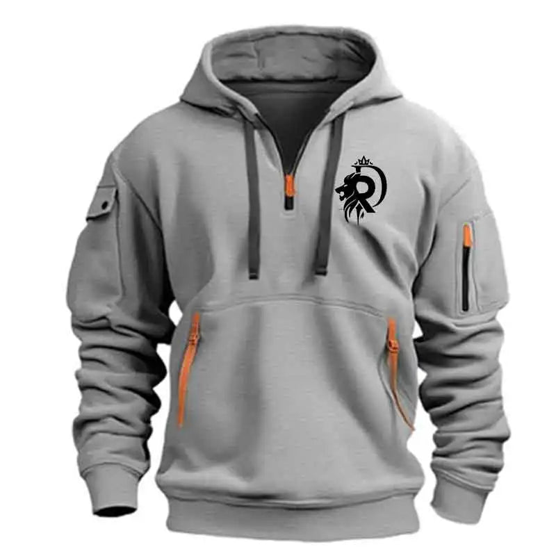 Lion Letter D Print Hoodie Men Multi-pocket Casual Sports Long-sleeve Sweatshirt Half Zip Hooded Daily Fashion Fitness Pullover