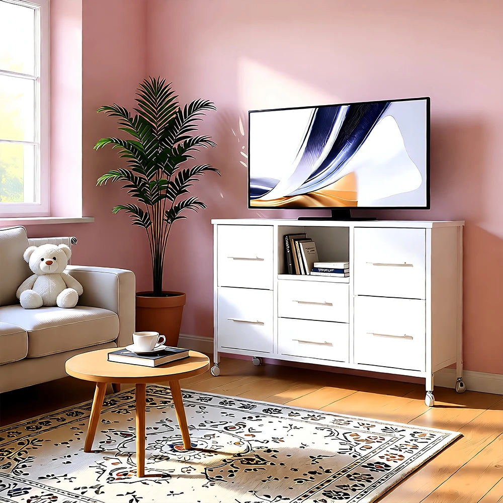Chest of Drawers for Bedroom Living Room Long TV Stand with Storage Shelf Clothes Storage Unit with 4 Castors Fabric Drawers