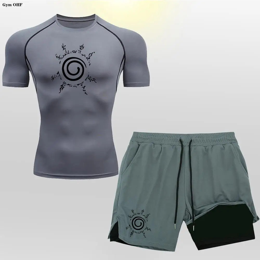 Anime Compression Shirt Men 2 in 1 Shorts Fitness Gym Workout MMA Rashguard Jiu Jitsu Running Joggers Training Clothes Sets