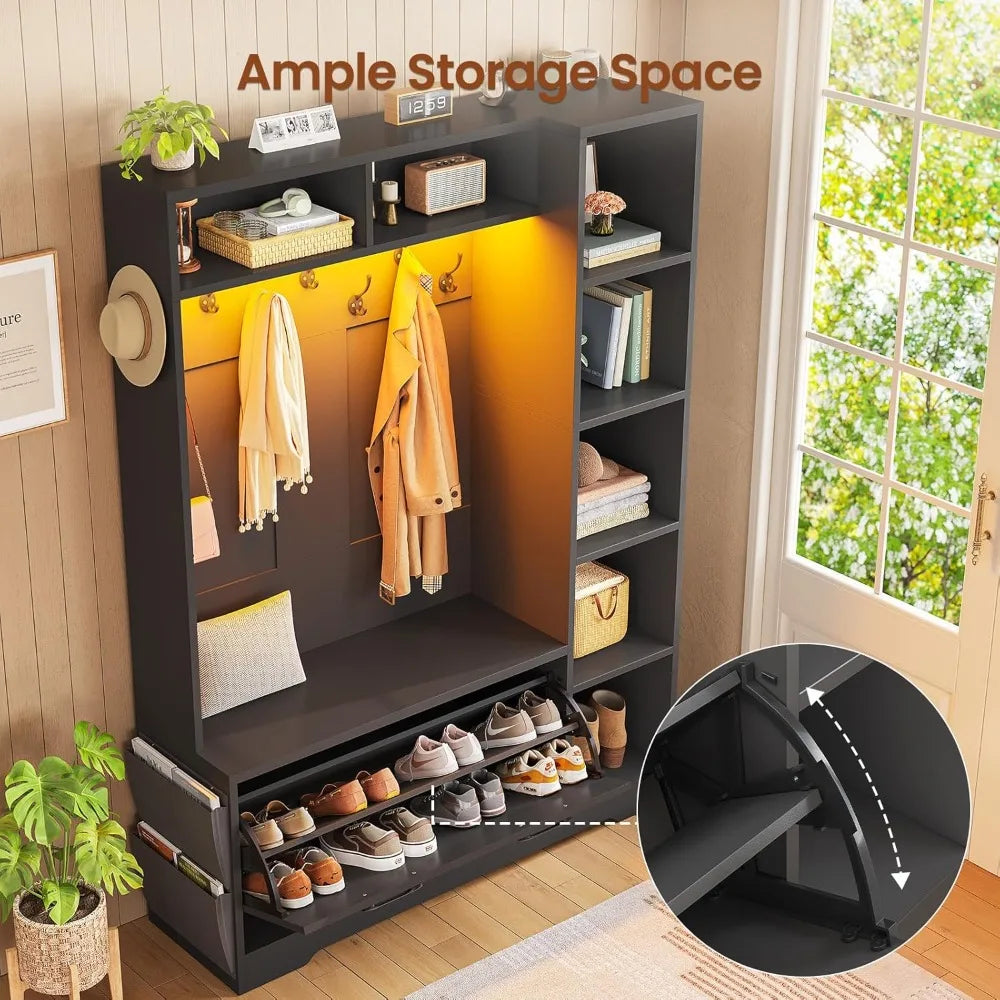 Hall Tree with Bench and Shoe Storage, Farmhouse Entryway Bench with Coat Rack, Shoe Cabinet with Flip Drawers, Customized