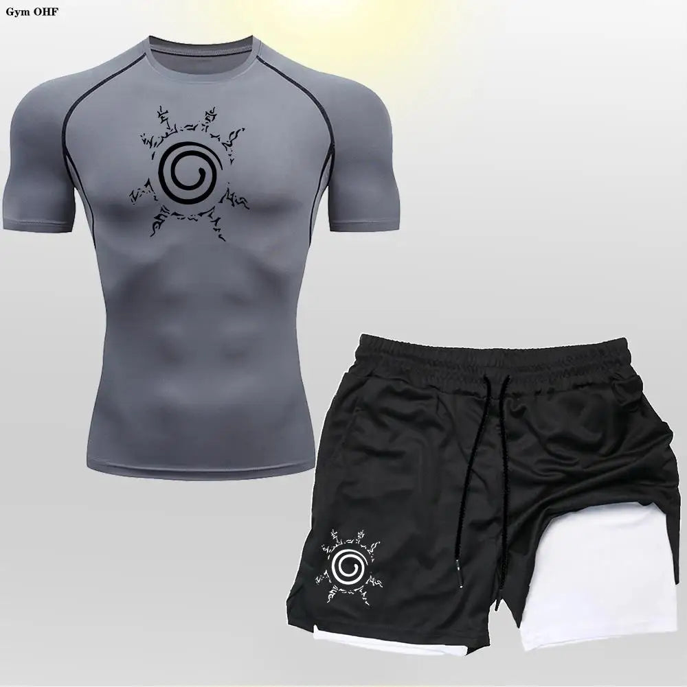 Anime Compression Shirt Men 2 in 1 Shorts Fitness Gym Workout MMA Rashguard Jiu Jitsu Running Joggers Training Clothes Sets