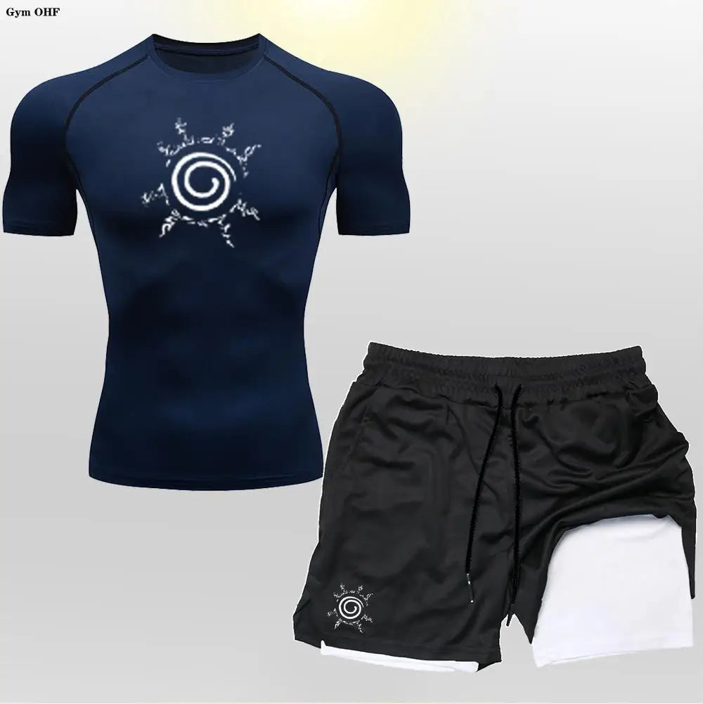 Anime Compression Shirt Men 2 in 1 Shorts Fitness Gym Workout MMA Rashguard Jiu Jitsu Running Joggers Training Clothes Sets