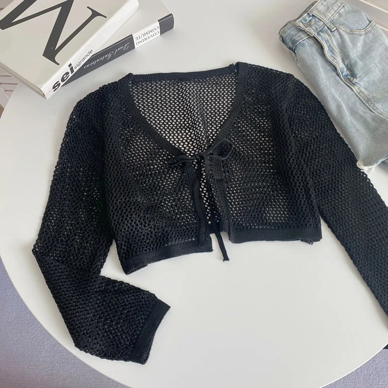 Bow Tie Front Crop Top Long Sleeve Sheer Open Knit Cardigan Blouses Cover Up Summer Spring Women Teen-girl Y2K 90s Outfit