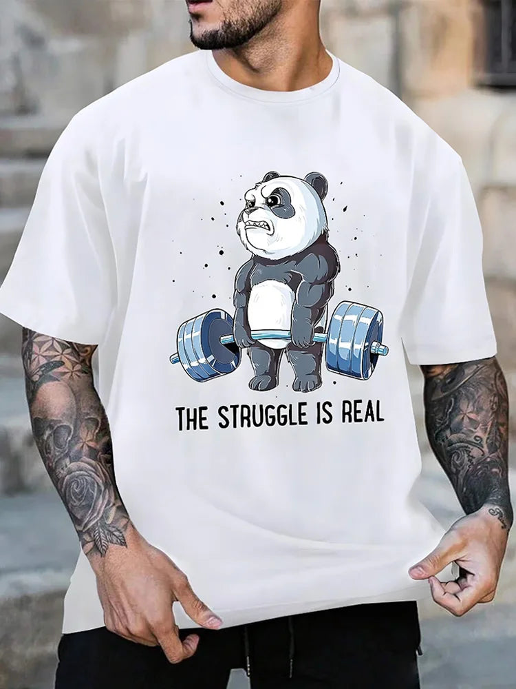 Panda Fitness Printed Men's T-shirt Fitness Sports Men's Short-sleeved Top Daily Running Exercise Men's Crew Neck T-shirt