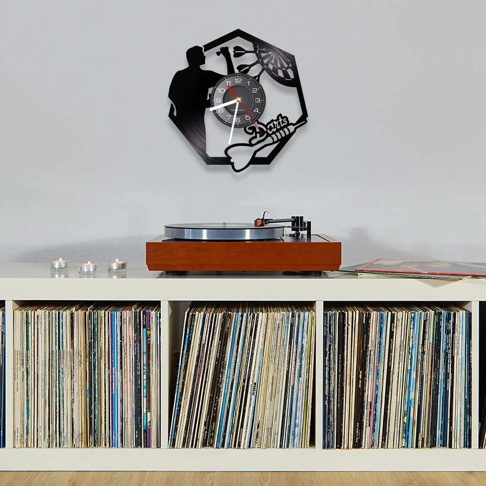 Darts Wall Art Man Cave Game Room Decoration Modern Wall Clock Dart Board Pub Bar Darts Game Night Club Vinyl Record Wall Clock