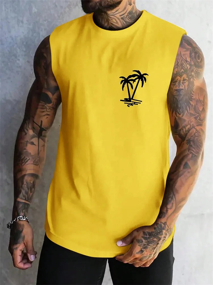 Summer Casual Style Men's Vest Coconut Tree Logo Solid Color Sleeveless Fitness Top Men's Fashion Outdoor Fitness Vest Clothing