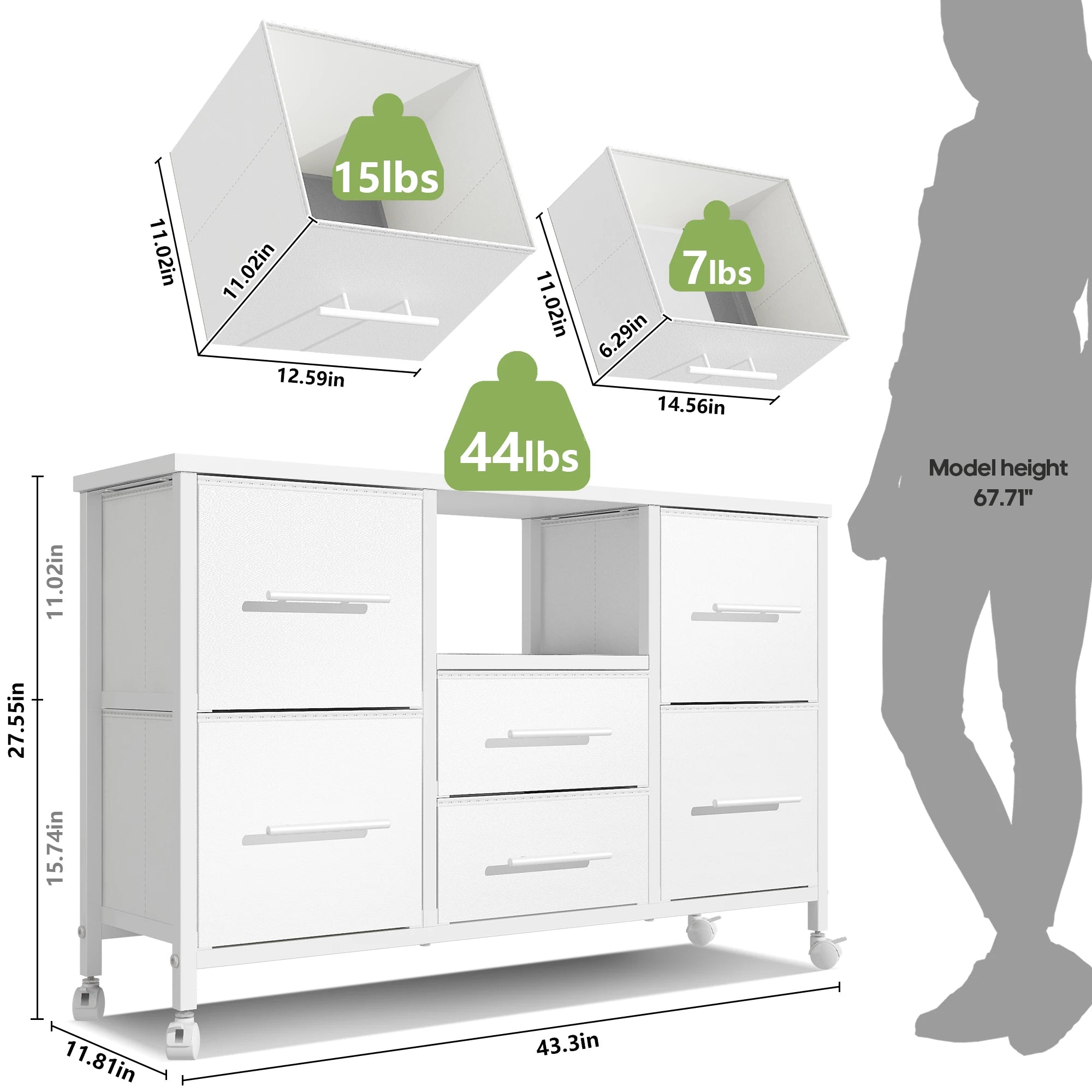 Chest of Drawers for Bedroom Living Room Long TV Stand with Storage Shelf Clothes Storage Unit with 4 Castors Fabric Drawers