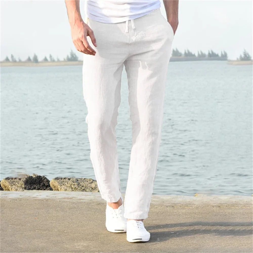2025 Men Cotton Linen Casual Pants Baggy Streetwear Men Joggers Sports Trousers Solid Color Long Straight Trendy Pants for Men