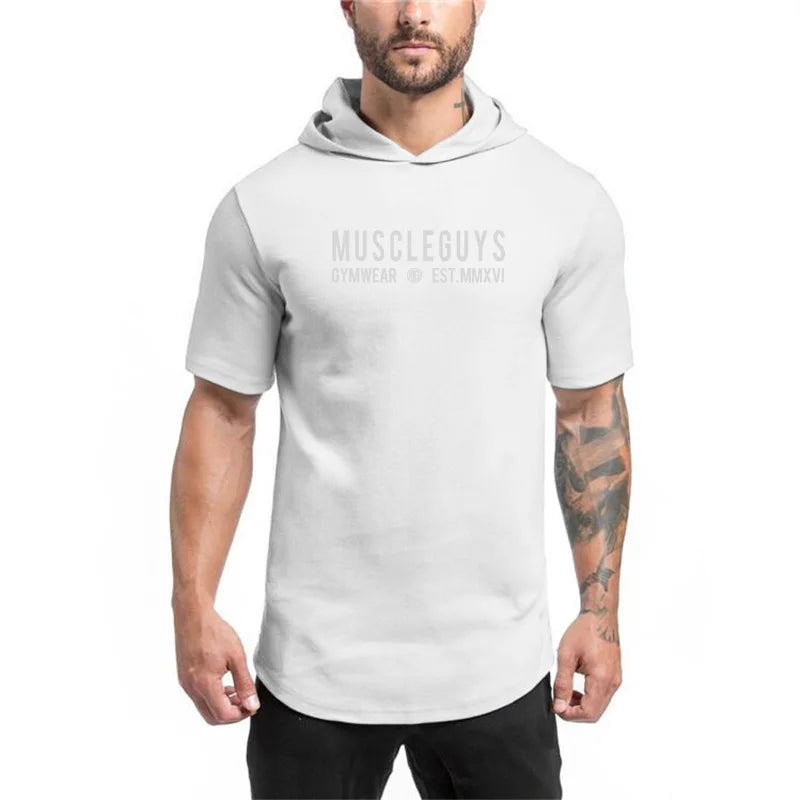 Mens Fitness Muscle Clothing Short Sleeve Sport T-shirts Summer Breathable Cotton Hoodie Gym Bodybuilding Slim Fit Hooded Shirts