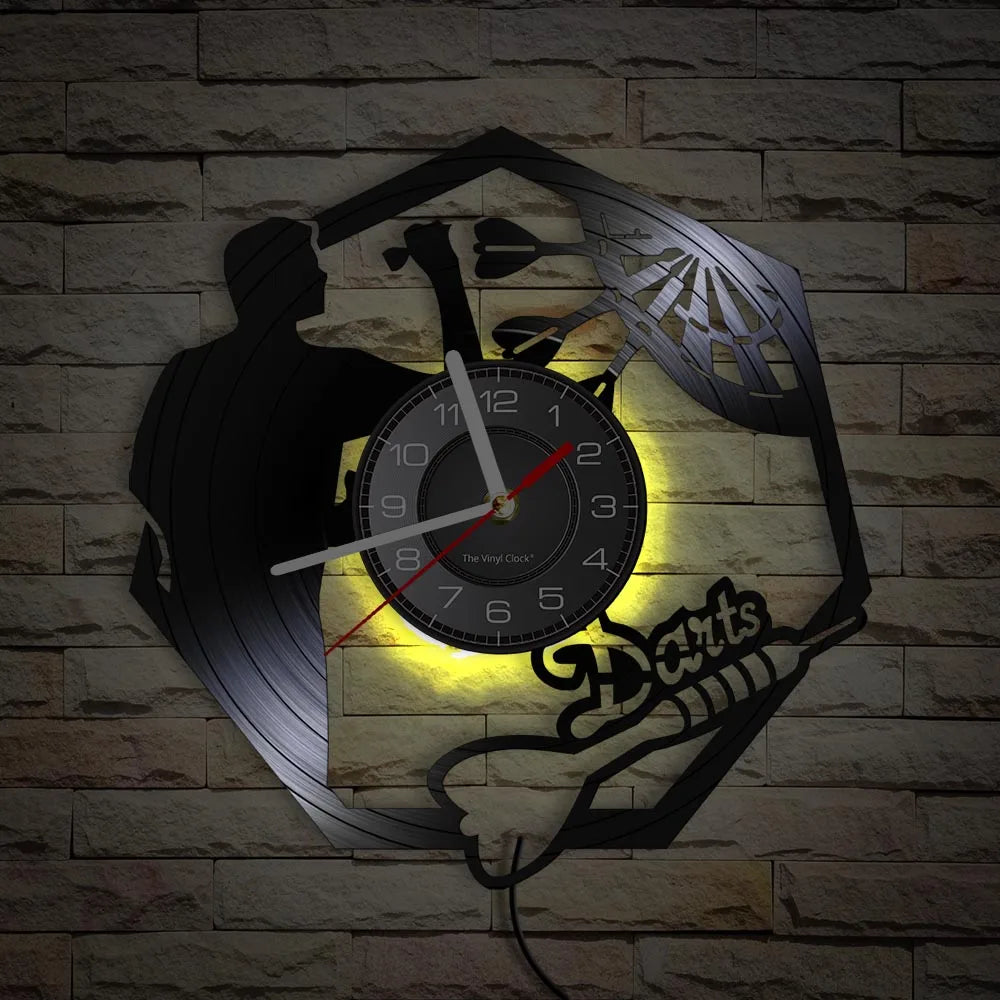 Darts Wall Art Man Cave Game Room Decoration Modern Wall Clock Dart Board Pub Bar Darts Game Night Club Vinyl Record Wall Clock