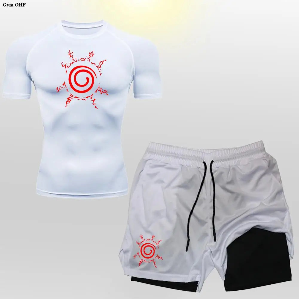 Anime Compression Shirt Men 2 in 1 Shorts Fitness Gym Workout MMA Rashguard Jiu Jitsu Running Joggers Training Clothes Sets