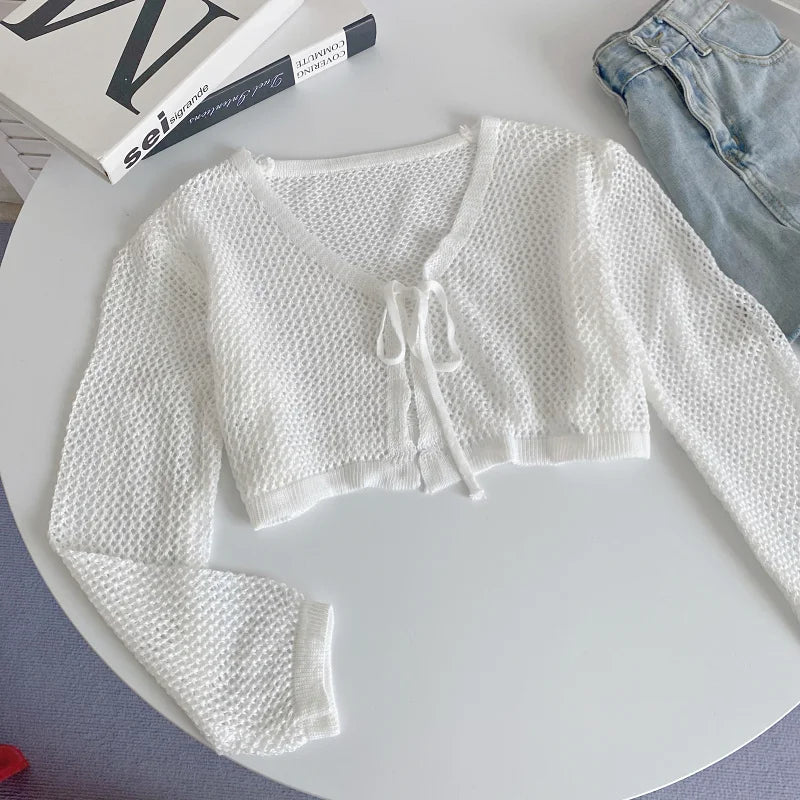 Bow Tie Front Crop Top Long Sleeve Sheer Open Knit Cardigan Blouses Cover Up Summer Spring Women Teen-girl Y2K 90s Outfit