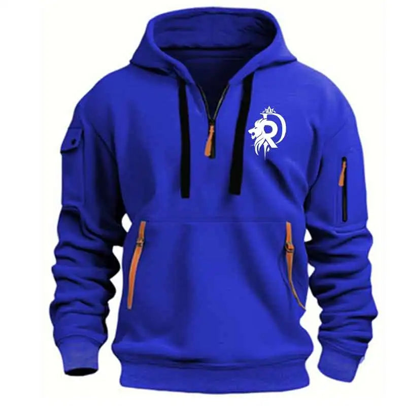 Lion Letter D Print Hoodie Men Multi-pocket Casual Sports Long-sleeve Sweatshirt Half Zip Hooded Daily Fashion Fitness Pullover