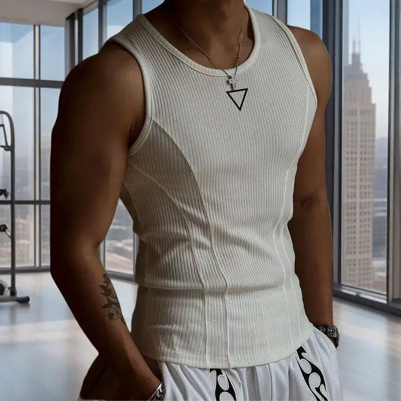 American Gym Men's Vest Thick Thread Slim Tank Top Sports Training Striped Vest Base Sleeveless T-shirt Casual Fitness Wearing