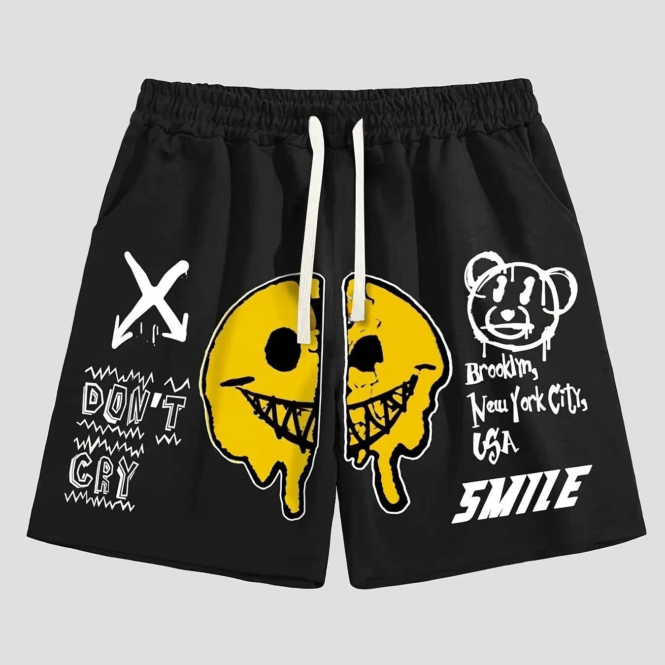 LOY Men's graphic print shorts featuring playful statement design, casual style, comfortable fit, and vibrant colors.