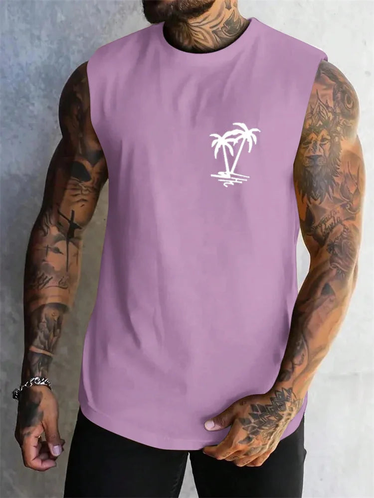 Summer Casual Style Men's Vest Coconut Tree Logo Solid Color Sleeveless Fitness Top Men's Fashion Outdoor Fitness Vest Clothing