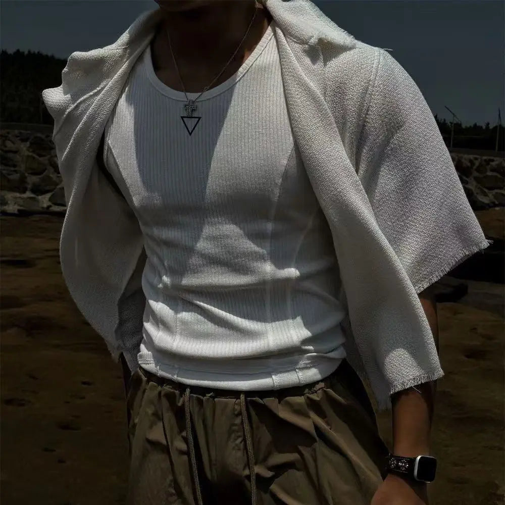 American Gym Men's Vest Thick Thread Slim Tank Top Sports Training Striped Vest Base Sleeveless T-shirt Casual Fitness Wearing