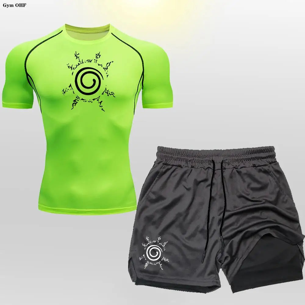 Anime Compression Shirt Men 2 in 1 Shorts Fitness Gym Workout MMA Rashguard Jiu Jitsu Running Joggers Training Clothes Sets