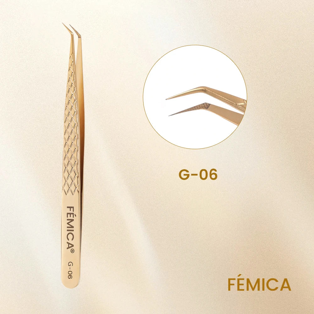 Femica Anti-slip Stainless Steel Eyelash Tweezers Precision Eyebrow Grooming Tool Fiber Tip for Volume Isolation Lash Extension