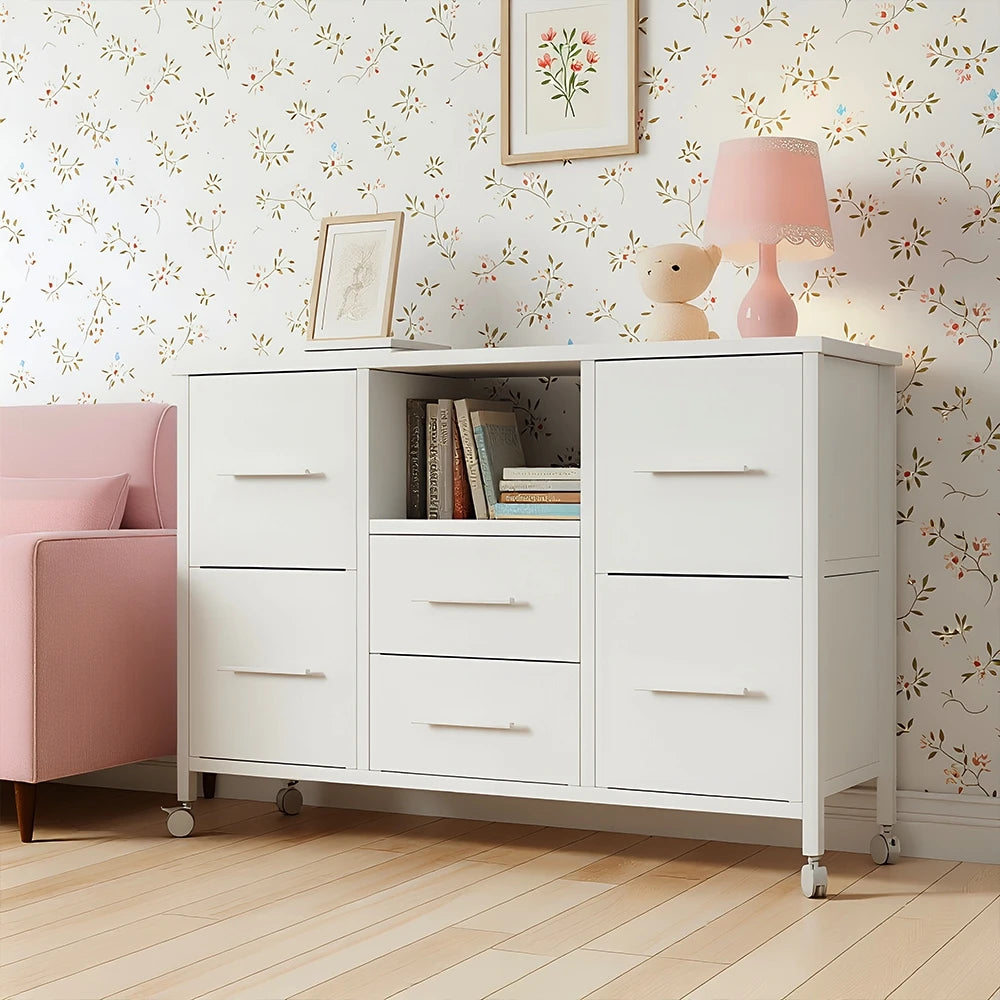 Chest of Drawers for Bedroom Living Room Long TV Stand with Storage Shelf Clothes Storage Unit with 4 Castors Fabric Drawers