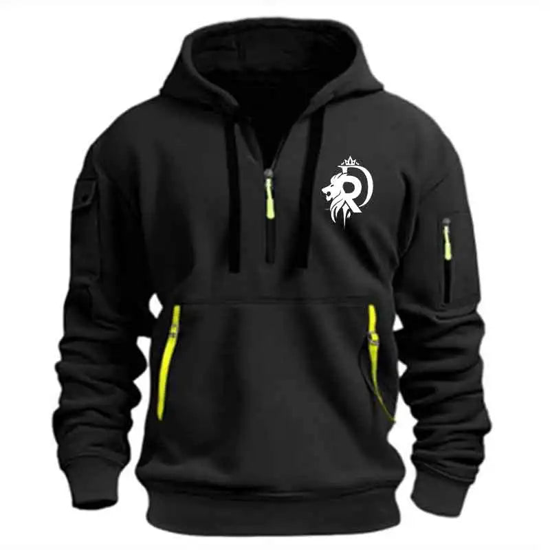 Lion Letter D Print Hoodie Men Multi-pocket Casual Sports Long-sleeve Sweatshirt Half Zip Hooded Daily Fashion Fitness Pullover