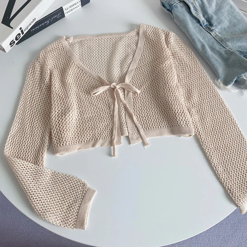 Bow Tie Front Crop Top Long Sleeve Sheer Open Knit Cardigan Blouses Cover Up Summer Spring Women Teen-girl Y2K 90s Outfit