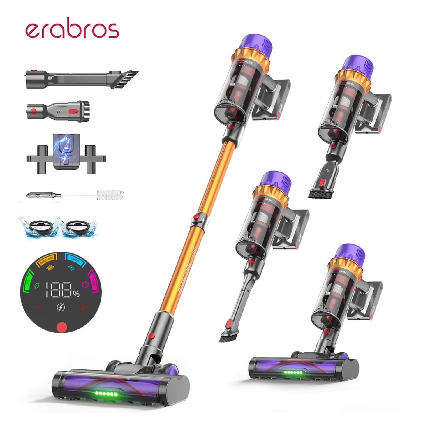 Erabros EV5 550W 70KPA Cordless Vacuum Cleaner Ultra-Strong Suction Power 80Mins Runtime Handheld Smart Vacuum Cleaner 4 Modes