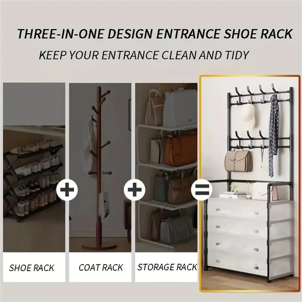 Clothes Hanger 5 Layer Shoe Rack DIY Hat and Shoe Rack Simple Floor Clothes Shelves Living Room Coat Storage Rack with 8 Hooks