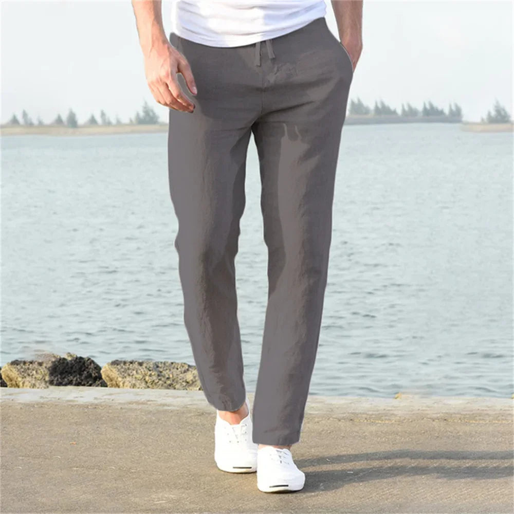 2025 Men Cotton Linen Casual Pants Baggy Streetwear Men Joggers Sports Trousers Solid Color Long Straight Trendy Pants for Men