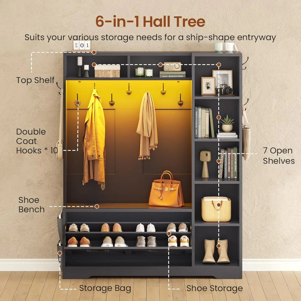 Hall Tree with Bench and Shoe Storage, Farmhouse Entryway Bench with Coat Rack, Shoe Cabinet with Flip Drawers, Customized