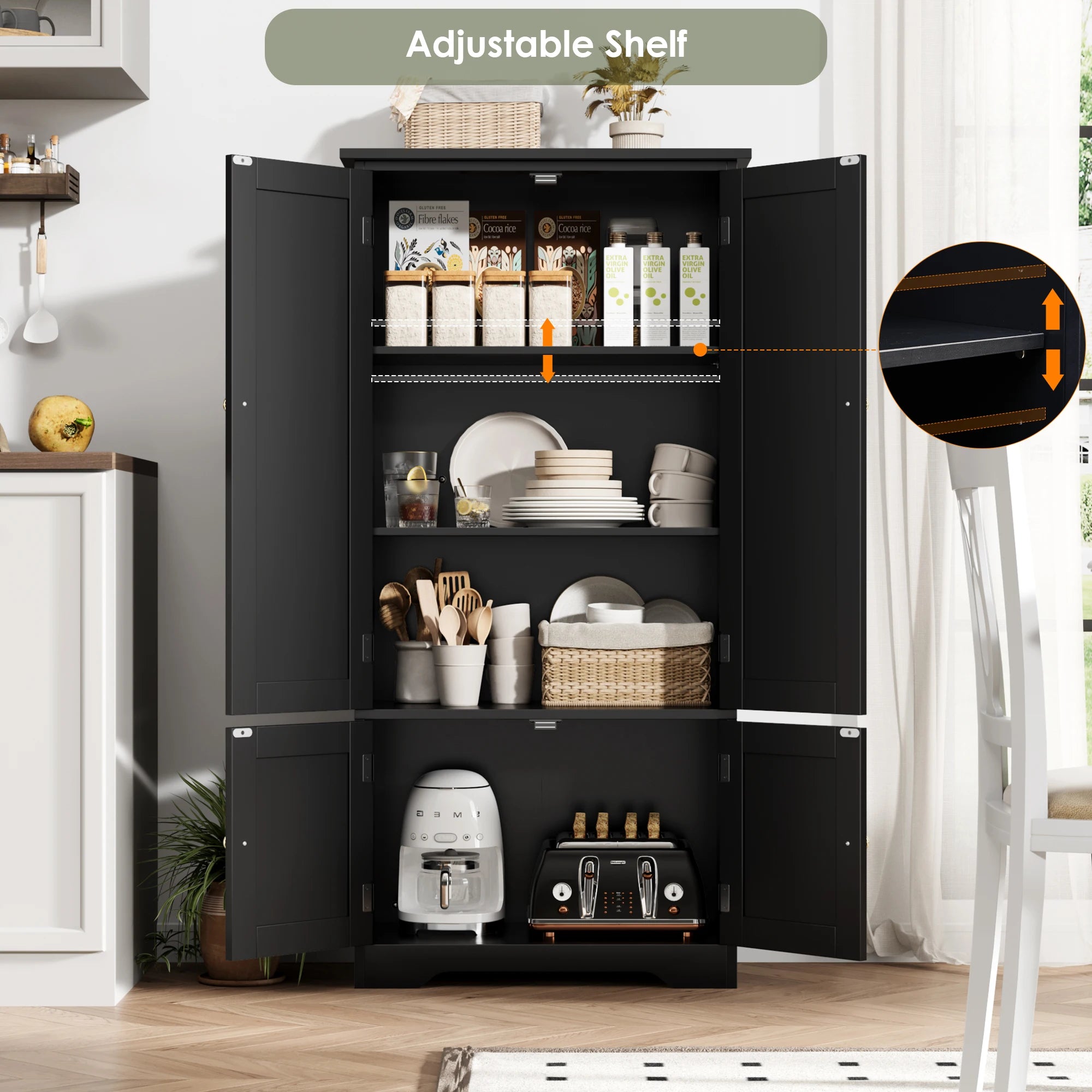 Getone Kitchen Cupboard Tall Storage Cabinet Sideboard Pantry Cupboard with 4 Doors 58.2x31.5x123cm White/Black