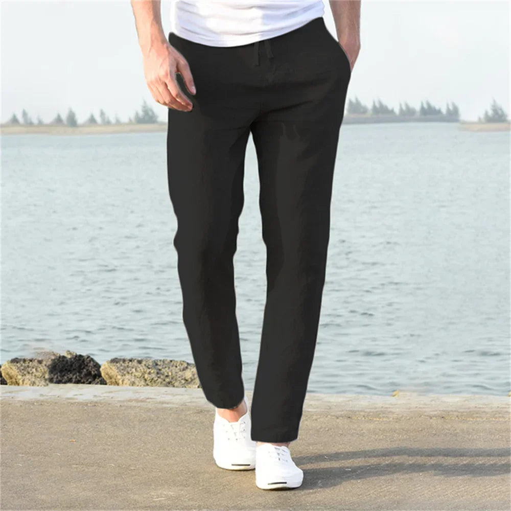 2025 Men Cotton Linen Casual Pants Baggy Streetwear Men Joggers Sports Trousers Solid Color Long Straight Trendy Pants for Men