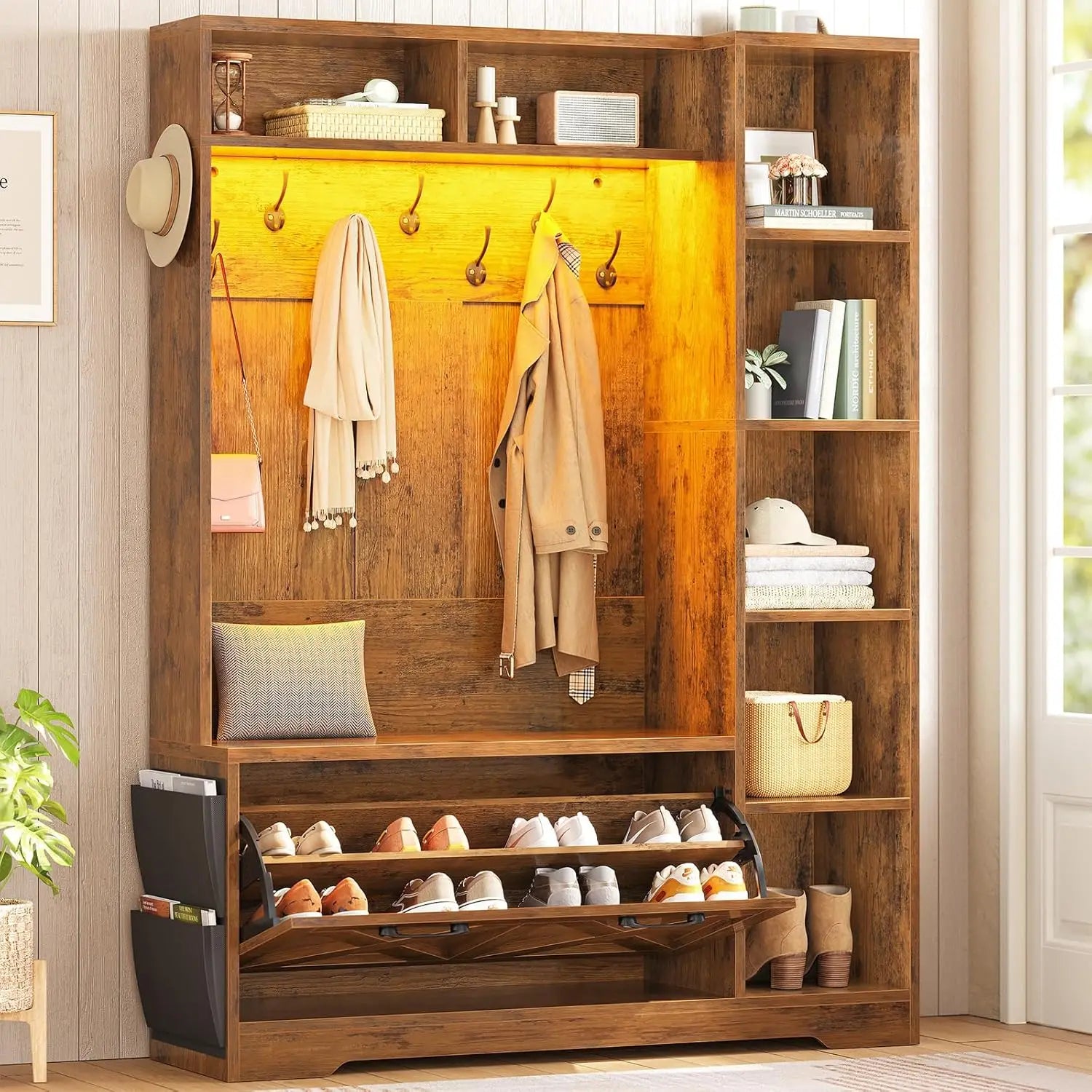 Hall Tree with Bench and Shoe Storage, Farmhouse Entryway Bench with Coat Rack, Shoe Cabinet with Flip Drawers, Customized