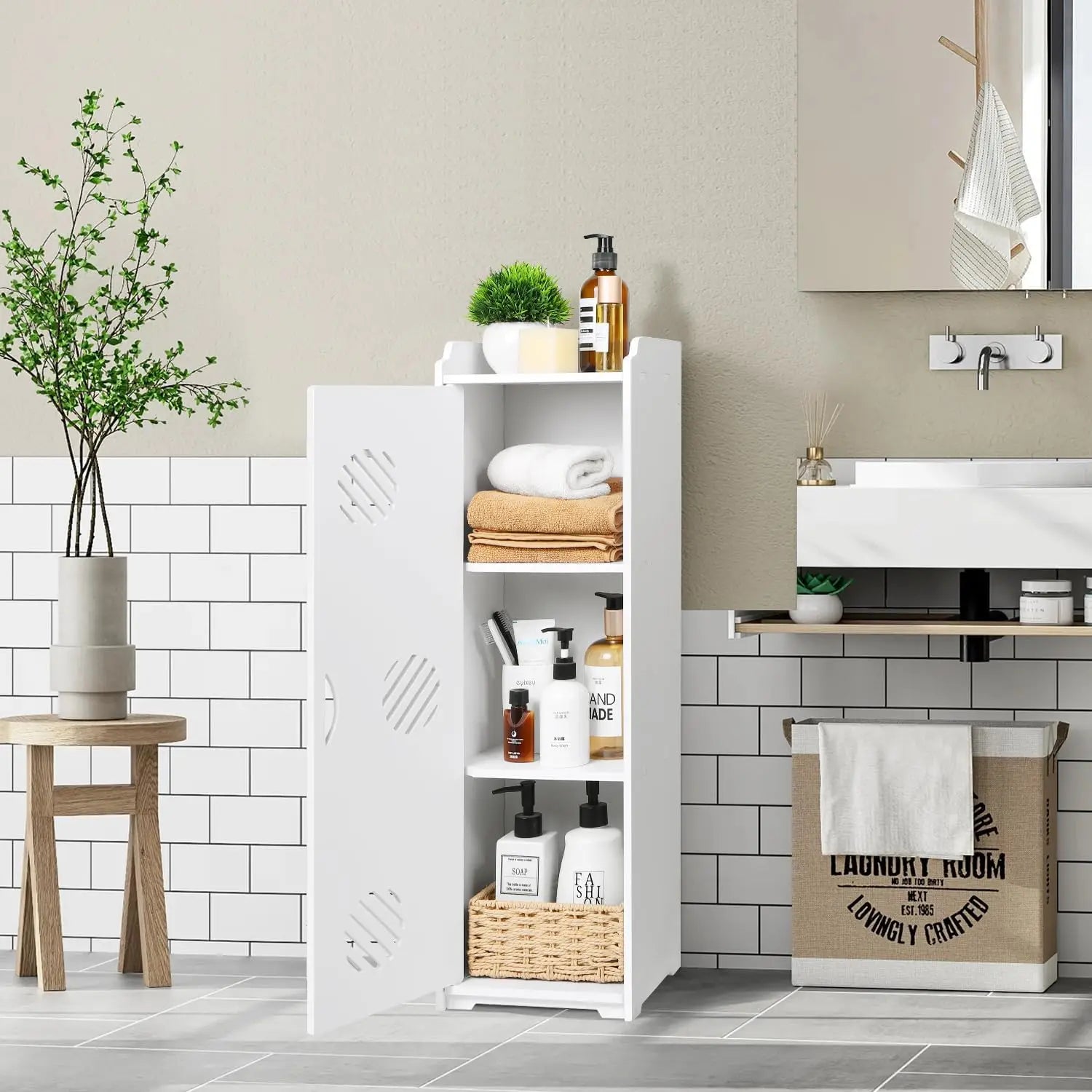 Free bathroom cabinet with 1 door for house, kitchen, living room and hallway, 24x20x75 cm, White
