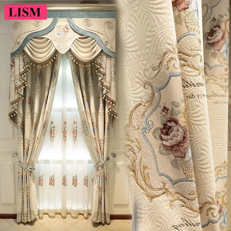 Luxury European Curtains for Living Room Bedroom Thicken Chenille High-end Villa Elegant Jacquard Decor Custom Valance Tulle