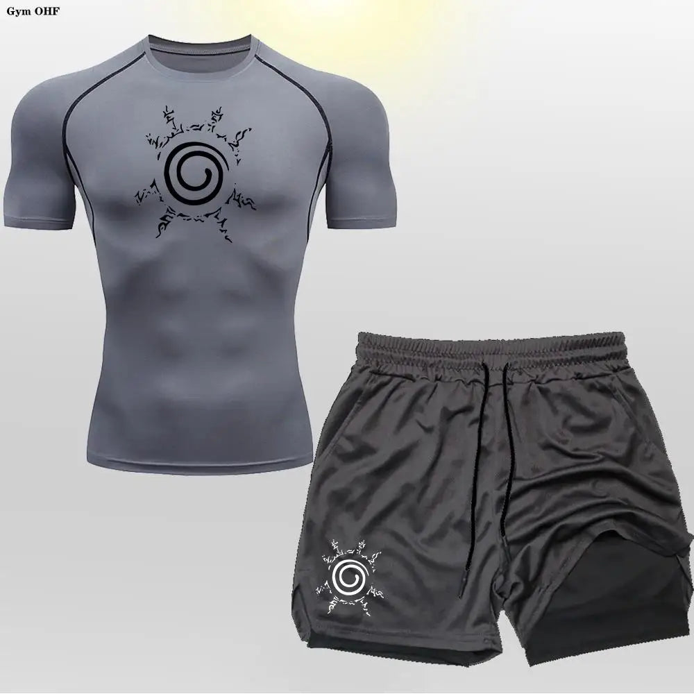 Anime Compression Shirt Men 2 in 1 Shorts Fitness Gym Workout MMA Rashguard Jiu Jitsu Running Joggers Training Clothes Sets