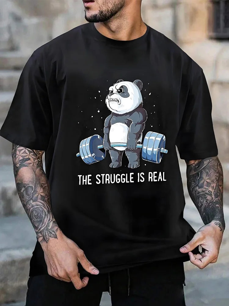 Panda Fitness Printed Men's T-shirt Fitness Sports Men's Short-sleeved Top Daily Running Exercise Men's Crew Neck T-shirt