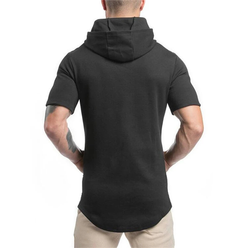 Mens Fitness Muscle Clothing Short Sleeve Sport T-shirts Summer Breathable Cotton Hoodie Gym Bodybuilding Slim Fit Hooded Shirts