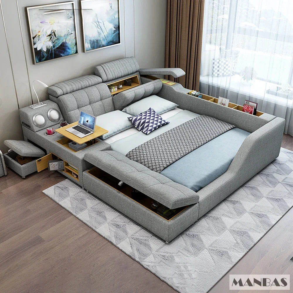 Modern Multi-Functional Tech Smart Bed with Storage, Speakers, USB, Bookshelves, and Tatami – Luxury King/Queen Ultimate Bed