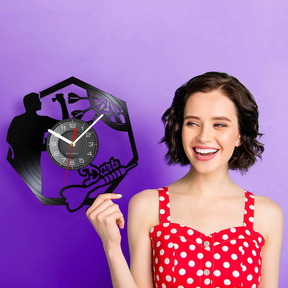 Darts Wall Art Man Cave Game Room Decoration Modern Wall Clock Dart Board Pub Bar Darts Game Night Club Vinyl Record Wall Clock