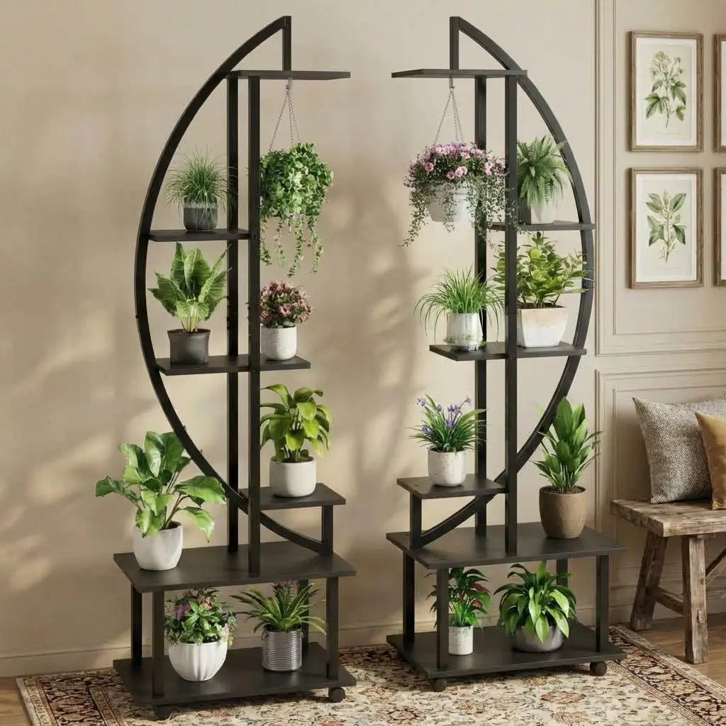 176cm,6-Tier Half Moon Plant Stand 176cm– Metal Plant Stand Indoor with Lockable Wheels–For Balcony,Living Room&Patio